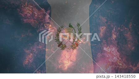 Showing flag stripe with emblem on marble canvas with perched green bird scroll laurel crossed guns 143418550