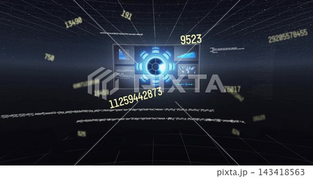 Projecting holographic dashboard with circular core responding to incoming data streams in 3D grid 143418563