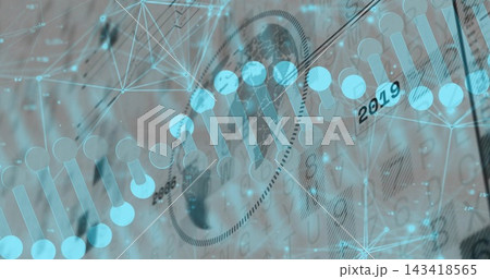 Dominating stylized DNA helix running diagonally in art showing banknote 2019 and network globe Dominating stylized DNA helix running diagonally in art showing banknote 2019 and network globe 143418565