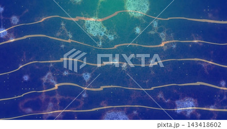 Flowing thin wavy gold ribbons spanning blue-violet field, with filaments and glowing dots Flowing thin wavy gold ribbons spanning blue-violet field, with filaments and glowing dots 143418602