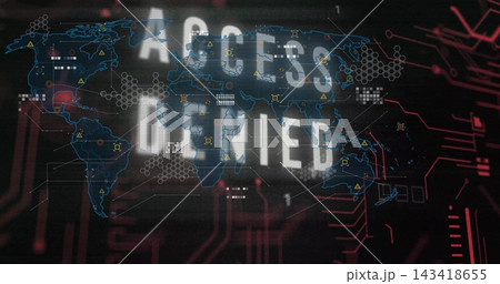 Displaying distressed ACCESS DENIED overlaying world map on security dashboard, showing hex nodes 143418655
