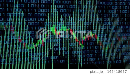 Displaying finance chart centered on monitor, showing binary digits, green bars and candlesticks Displaying finance chart centered on monitor, showing binary digits, green bars and candlesticks 143418657
