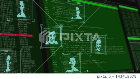 Displaying central GUI overlaying facial headshots on green code on monitor, showing redacted lines Displaying central GUI overlaying facial headshots on green code on monitor, showing redacted lines 143418679