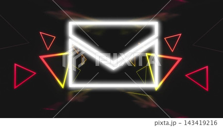 Glowing neon envelope icon pulsing on deep black background, showing red pink yellow triangles Glowing neon envelope icon pulsing on deep black background, showing red pink yellow triangles 143419216