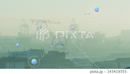 Displaying HUD cluster overlaying port skyline at dawn, showing rotor icon, cranes and HVAC units 143419355