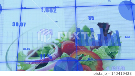 Displaying glass salad bowl at studio, with lettuce, tomato, cucumber under blue data grid and bars Displaying glass salad bowl at studio, with lettuce, tomato, cucumber under blue data grid and bars 143419428