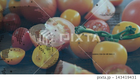 Showing yellow red cherry tomatoes halved and whole with green vine on dark board, halftone text Showing yellow red cherry tomatoes halved and whole with green vine on dark board, halftone text 143419431