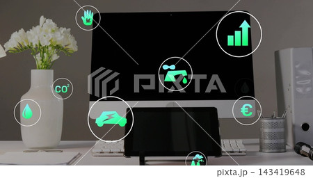 Showing desktop monitor with black screen and eco icons at home desk, tablet and keyboard Showing desktop monitor with black screen and eco icons at home desk, tablet and keyboard 143419648