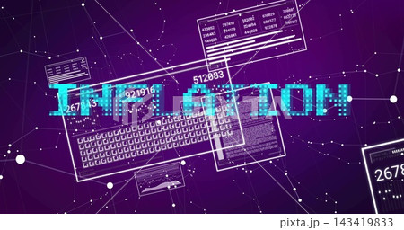 Displaying central cyan INSTALLATION over purple gradient showing keyboard terminal readouts nodes 143419833