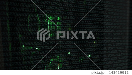 Displaying green binary matrix overlaying circuit traces on reflective panel, glowing LED points Displaying green binary matrix overlaying circuit traces on reflective panel, glowing LED points 143419911