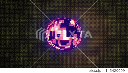 Glowing pixel LED globe emitting magenta light on stage, with tiles, halo and target backdrop 143420099