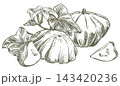 A whole pattypan squash, leaves and slices lie table. Hand drawn image. Vector clipart of scallop squash. Line drawing of a summer vegetable. Retro style illustration imitating an engraving technique. 143420236