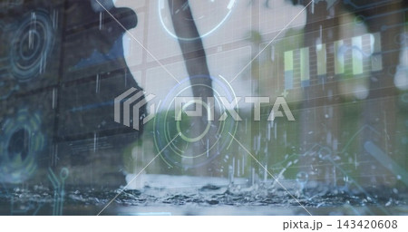 Stepping dark waterproof boot wearing dark pants splashing puddle on wet ground, with HUD overlays Stepping dark waterproof boot wearing dark pants splashing puddle on wet ground, with HUD overlays 143420608