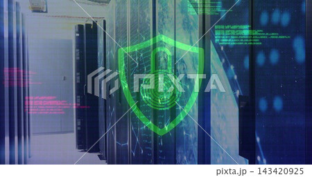 Projecting green shield with padlock and fingerprint hovering over server racks in data center Projecting green shield with padlock and fingerprint hovering over server racks in data center 143420925