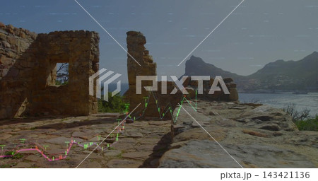 Displaying center stone pillar and broken wall overlooking bay, financial chart tracing over stones Displaying center stone pillar and broken wall overlooking bay, financial chart tracing over stones 143421136