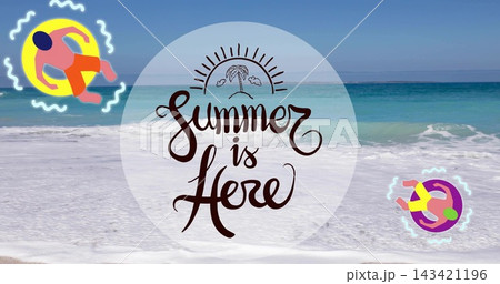 Showing circle graphic floating over beach, with hand-drawn summer message and floaters in swimwear Showing circle graphic floating over beach, with hand-drawn summer message and floaters in swimwear 143421196