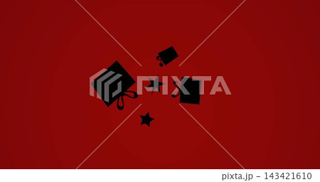 Floating cluster of three black gift boxes and two black stars on red radial-gradient backdrop Floating cluster of three black gift boxes and two black stars on red radial-gradient backdrop 143421610