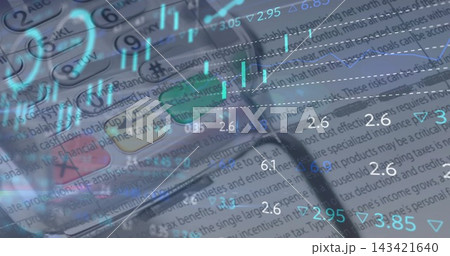 Featuring round-key calculator sitting on financial report on desk, with pen, glasses and charts Featuring round-key calculator sitting on financial report on desk, with pen, glasses and charts 143421640