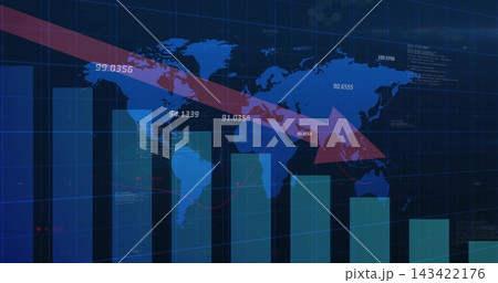 Displaying red downward arrow and tall bar chart declining on world map dashboard, numeric labels Displaying red downward arrow and tall bar chart declining on world map dashboard, numeric labels 143422176