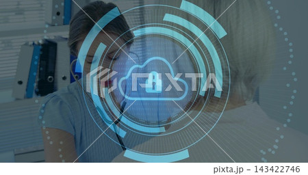 Leaning nurse wearing scrubs speaking with patient at clinic, with stethoscope and cloud lock HUD Leaning nurse wearing scrubs speaking with patient at clinic, with stethoscope and cloud lock HUD 143422746