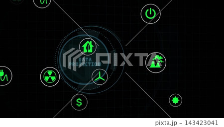Displaying central HUD labeled DATA PROTECTION with house and wind-turbine on dark grid, neon icons 143423041
