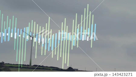 Showing semi-transparent waveform overlaying wind turbine on rural hillside, with hedgerows 143423271