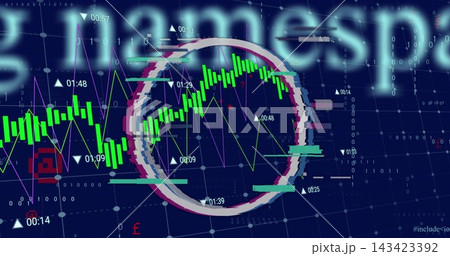 Displaying circular glitch highlight showing green candles and line graph on blue grid, timestamps 143423392