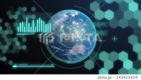 Scanning rendered Earth globe in orbital HUD interface, displaying reticles, hex tiles, bar chart Scanning rendered Earth globe in orbital HUD interface, displaying reticles, hex tiles, bar chart 143423434