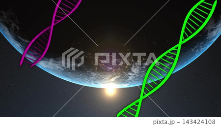 Showing Earth curving in orbital view, sunrise at horizon with green and magenta DNA helices Showing Earth curving in orbital view, sunrise at horizon with green and magenta DNA helices 143424108