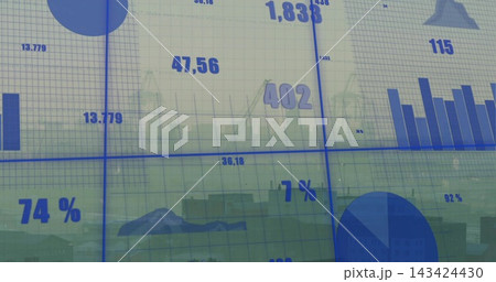 Showing blue data overlay on multi-panel glass in office, featuring bar or pie charts and % labels 143424430