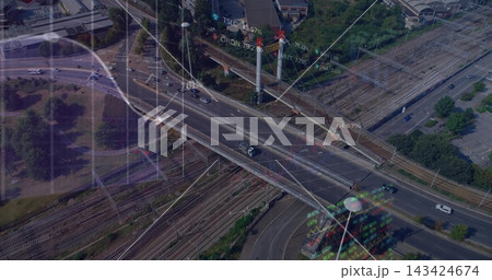 Running elevated overpass carrying lanes of traffic at highway interchange, showing data overlays Running elevated overpass carrying lanes of traffic at highway interchange, showing data overlays 143424674