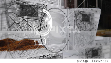 Displaying central circular HUD and world-map overlay on monitor station, with tiled map panels Displaying central circular HUD and world-map overlay on monitor station, with tiled map panels 143424855