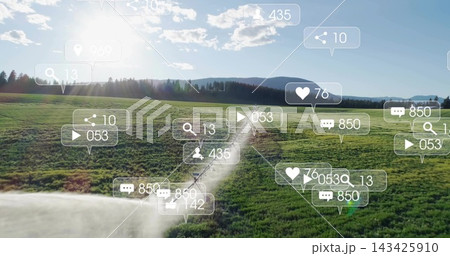 Traveling winding dirt path with small vehicle moving toward distant tree line, with AR overlays Traveling winding dirt path with small vehicle moving toward distant tree line, with AR overlays 143425910