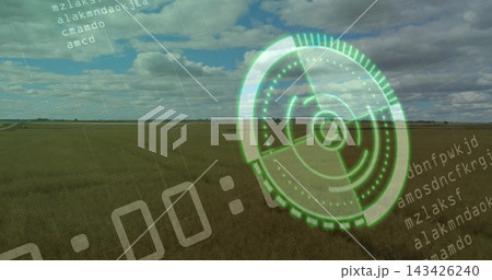 Projecting green HUD radar scanning flat farm plain, showing pale-gray timer and code, copy space Projecting green HUD radar scanning flat farm plain, showing pale-gray timer and code, copy space 143426240
