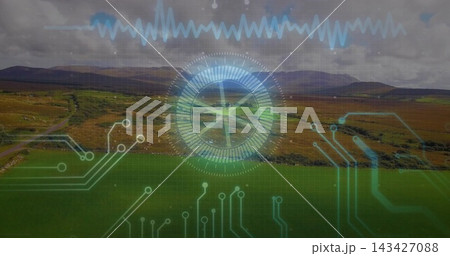 Displaying central circular HUD overlay hovering in open rural moorland, with blue waveform Displaying central circular HUD overlay hovering in open rural moorland, with blue waveform 143427088