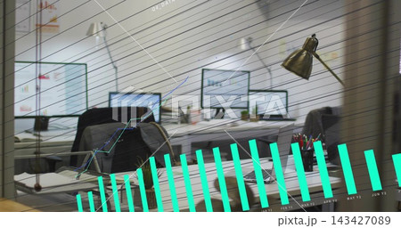 Showing workstation with monitors and swivel chair behind glass partition, with teal data overlay Showing workstation with monitors and swivel chair behind glass partition, with teal data overlay 143427089