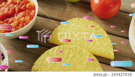 Showing two yellow corn shells overlapping on wood table, with salsa bowl slaw tomato-lime UI tags Showing two yellow corn shells overlapping on wood table, with salsa bowl slaw tomato-lime UI tags 143427419
