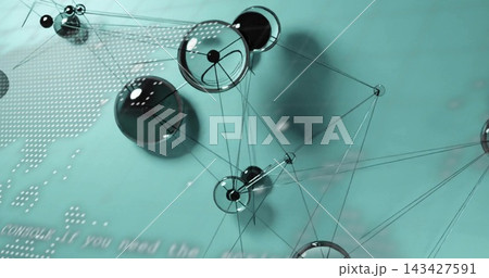 Forming glossy glass spheres and hollow ring nodes across studio teal plane, dotted map, copy space 143427591