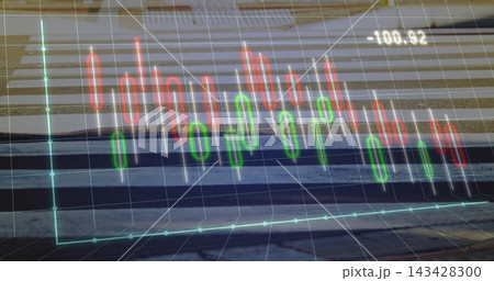 Floating 3D candlestick chart and grid hovering on slatted table, showing cyan baseline -100 143428300