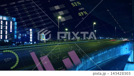 Curving elevated highway featuring light trails, retaining wall at night, with magenta charts 143428303