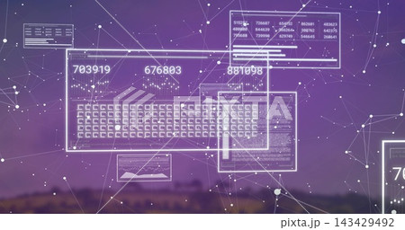 Floating glowing HUD panel showing keyboard grid, numeric readouts and waveforms over dusk horizon 143429492
