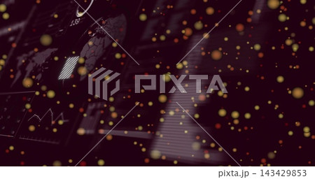 Displaying data dashboard pulsing on dark screen, with world map, gauge, line chart, bokeh dots Displaying data dashboard pulsing on dark screen, with world map, gauge, line chart, bokeh dots 143429853