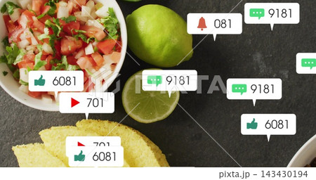 Displaying white bowl pico de gallo sitting on dark slate with lime chips notifications, copy space Displaying white bowl pico de gallo sitting on dark slate with lime chips notifications, copy space 143430194