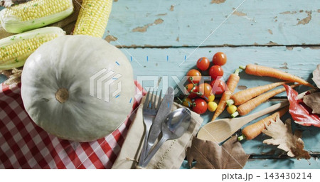 Displaying pale green pumpkin sitting on teal table, with gingham cloth, husked corn and cutlery 143430214