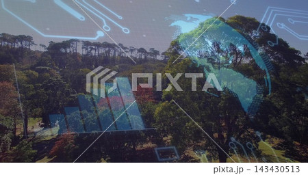 Showing stand of trees spreading across park canopy from high view, with globe and circuit grid Showing stand of trees spreading across park canopy from high view, with globe and circuit grid 143430513