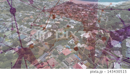 Showing aerial coastal suburb from above, featuring roofs, pools, streets, trees, network overlay Showing aerial coastal suburb from above, featuring roofs, pools, streets, trees, network overlay 143430515
