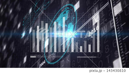 Displaying central translucent bar chart and globe hovering in grid dashboard, with lens flare 143430810
