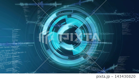 Rotating cyan-blue HUD occupying center on teal-navy background showing rings, dials, code streams Rotating cyan-blue HUD occupying center on teal-navy background showing rings, dials, code streams 143430820