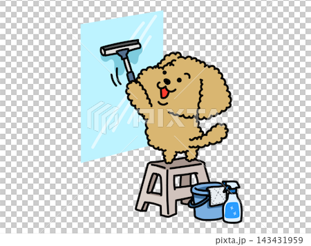 An illustration of a toy poodle cleaning a windowpane with a squeegee. An illustration of a toy poodle cleaning a windowpane with a squeegee. 143431959