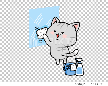 An illustration of a cute cat wiping a windowpane until it shines with a rag. An illustration of a cute cat wiping a windowpane until it shines with a rag. 143431960